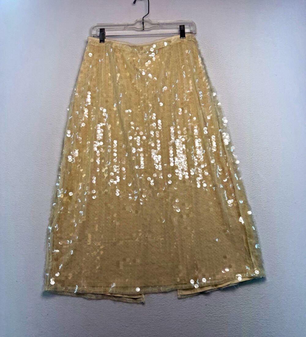 Old Navy Women's L Beige/cream Sequin Tulle Lined Midi Skirt glitzy glam party